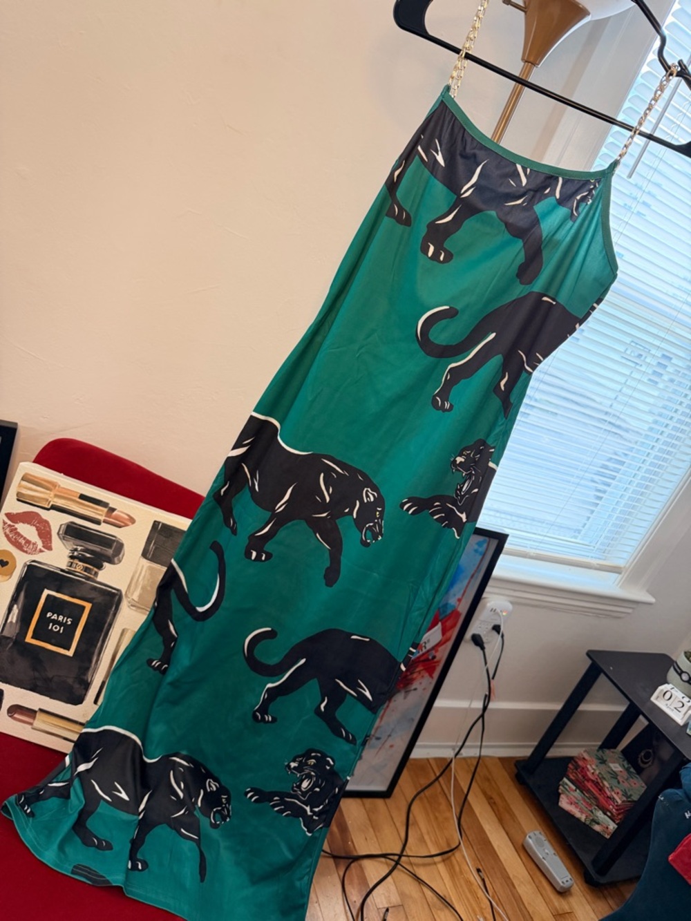 Green Slip Midi Dress with Black Panther Print